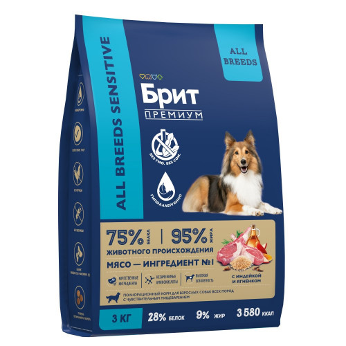 Brit premium для собак 3кг взрослых всех пород с ягненком и индейкой 050031
