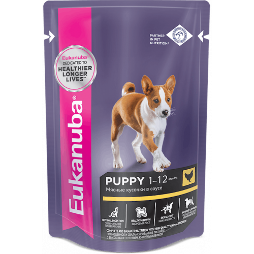 Eukanuba 85 г для щенков от 1 до 12 месяцев и беременных или кормящих собак всех пород с курицей в соусе 
