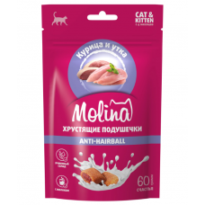 Molina для кошек хрустящие подушечки anti hairball 60г 013460